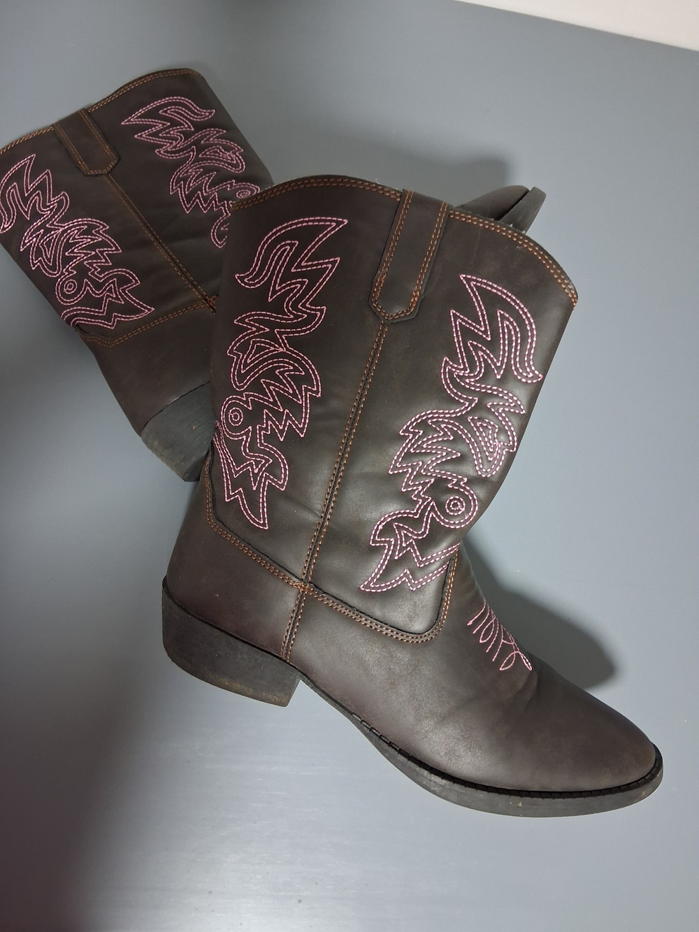 Women’s Brown Leather Western Ankle Boots with Pink Stitching